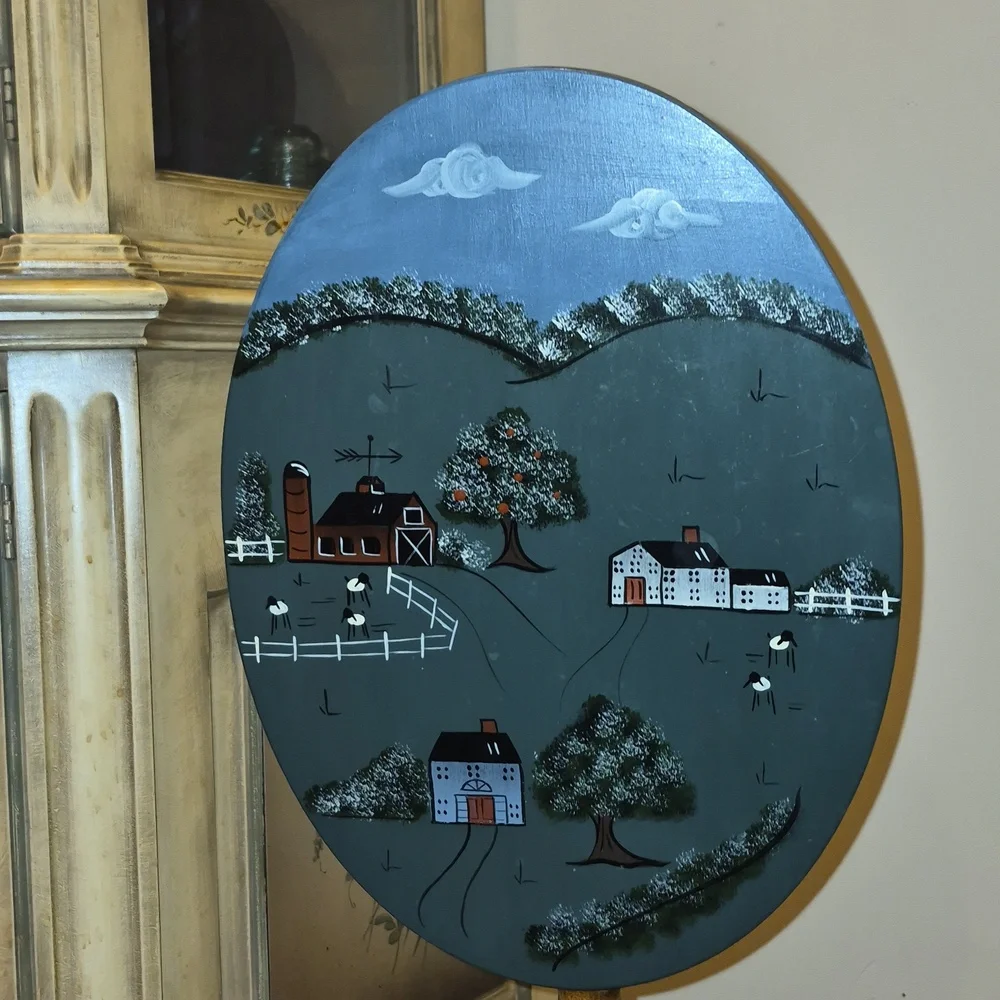 Vintage Wooden Hand-Painted  Oval Cottage Country Scene Tilt Tea Table
